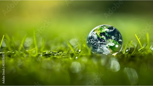 A water droplet containing the Earth, resting on green grass with a blurred background. The planet is seen inside the drop of liquid water, symbolizing environmental protection and care for earth