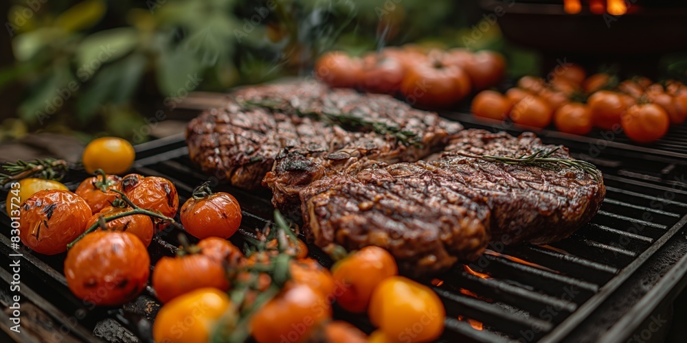 close up sizzling hot beef BBQ steak on Barbecue Grill with fire flickers close up sizzling hot beef BBQ steak on Barbecue Grill with fire flickers