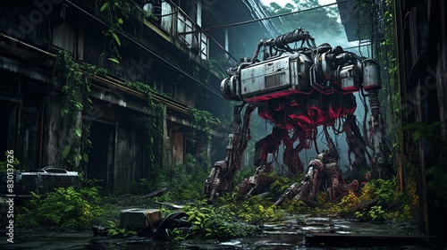 A futuristic mech robot stands in a decaying urban street, overgrown with vegetation. photo