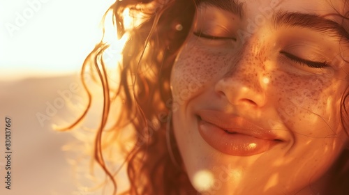 Bathed in the warm glow of the sun, a woman's face lights up with joy, her genuine smile capturing the essence of happiness as she basks in its rays, against a clean white backdrop