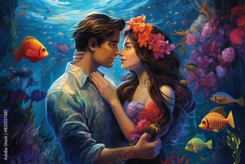 Craft a whimsical underwater world, showcasing a pair of lovers, one a mermaid and the other a daring sailor, embracing amidst colorful coral reefs and ancient shipwrecks photo