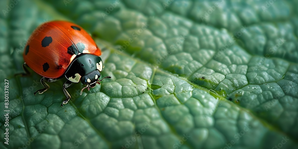 Naklejka premium Exploring the Intricate World of a Leaf Through the Eyes of a Ladybug. Concept Macro Photography, Nature Close-Up, Small World Wonders, Insect Perspective
