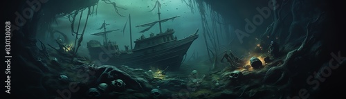 Design an underwater scene with a sunken ship surrounded by murky waters and ghostly sea creatures for Horror thrills Utilize high-angle view to add suspense and unexpected camera photo