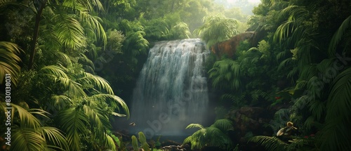 A hidden waterfall tucked away in a lush tropical jungle, surrounded by dense foliage and alive with the sound of chirping birds and buzzing insects. 32k, full ultra HD, high resolution photo