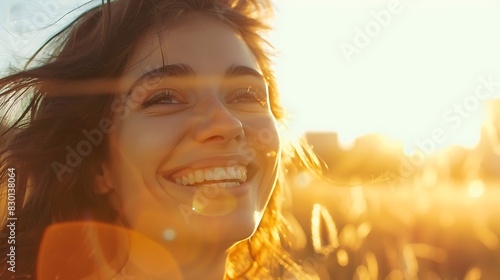 Bathed in the warm glow of the sun, a woman's face lights up with joy, her genuine smile capturing the essence of happiness as she basks in its rays, against a clean white backdrop