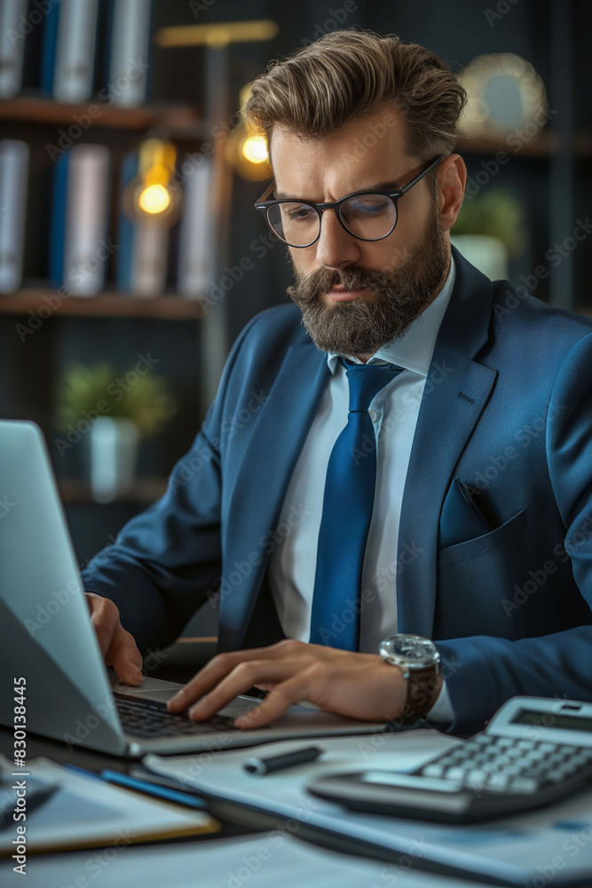 Vertical portrait of an adult businesswoman using a laptop and analyzing printed financial documents while preparing a sales plan for Black Friday Vertical portrait of an adult businesswoman using a laptop and analyzing printed financial documents while preparing a sales plan for Black Friday