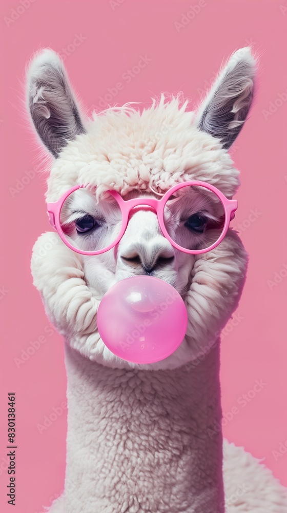 Obraz premium Cute lama alpaca with bubblegum in trendy pink sunglasses, isolated on pink background with copy space and place for text.