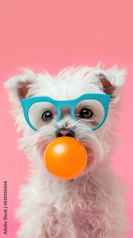 Fototapeta premium Cute white puppy wearing blue sunglasses and chewing gum, pet photo, wallpaper, wall art. Copy space with place for text.