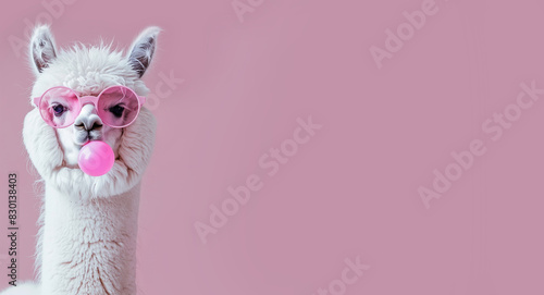 Cute lama alpaca with bubblegum in trendy pink sunglasses, isolated on pink b...
