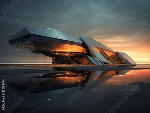 Illustrate a close-up of a futuristic dystopian structure against the backdrop of a dawn sky