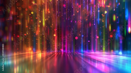 An abstract celebratory backdrop adorned with neon bokeh lights  radiant lines  and a dynamic multicolor wallpaper  providing ample room for text or copy space.