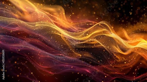 Autumn design with gradient from maroon to yellow glowing particles and wave-like textures wallpaper