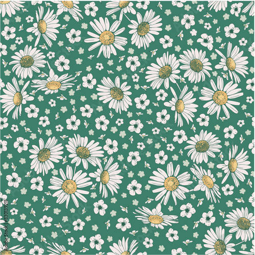 Flowers with daisies, seamless pattern on a green background in honor of Mother's Day, Women's Day March 8, Valentine's Day, wedding