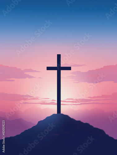 vertical color illustration of a simple cross silhouette on a mountain in front of a sky