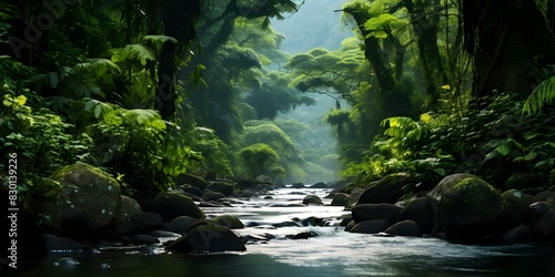 River flowing through vibrant green mountains and lush rainforest landscape. Concept River photography  Nature landscapes  Tropical rainforest  Mountain scenery  Freshwater streams