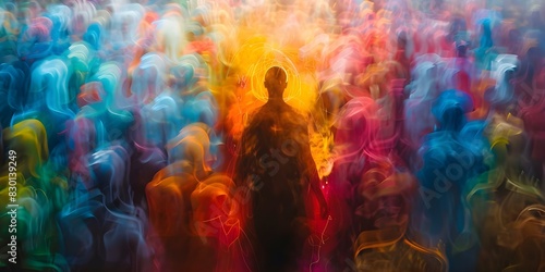 Blurred figure surrounded by colorful aura in a crowd depicting meditation and esoteric energy. Concept Meditation, Esoteric Energy, Colorful Aura, Blurred Figure, Crowd