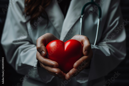 Close up of a female doctor s hands holding a red heart symbol on a dark background  in the style of a heart health care concept  for World Health Day