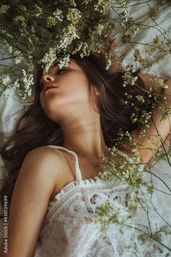 photo portrait shot spring refreshing theme, woman sleeping on white bed with whit flower scattered on her body
