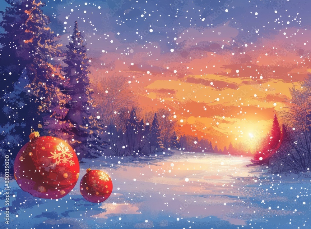 Fototapeta premium Christmas Village Illustration in Snowy Winter Wonderland