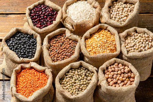 Collection of Nine Types of Legumes in Burlap Sacks