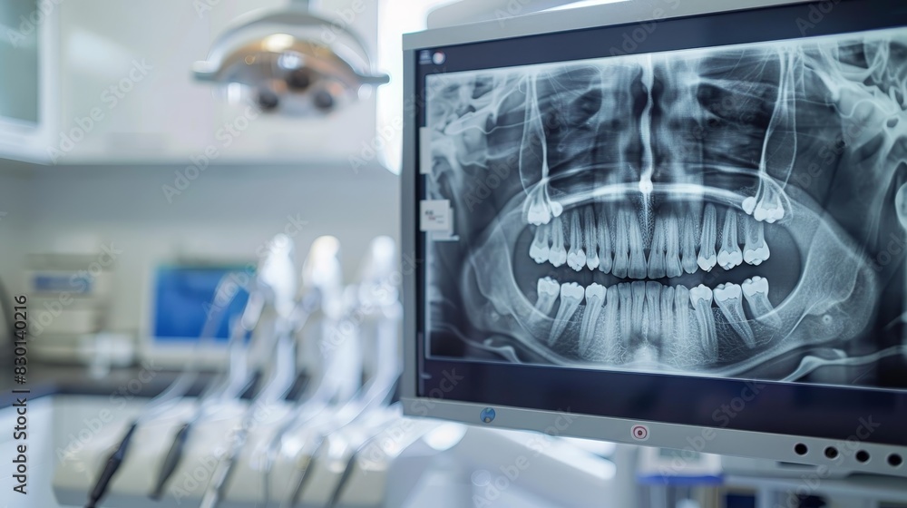 Dental X-ray image on a monitor in a modern dental clinic. Focus on technology and dental care equipment for oral health diagnostics. Dental X-ray image on a monitor in a modern dental clinic. Focus on technology and dental care equipment for oral health diagnostics.