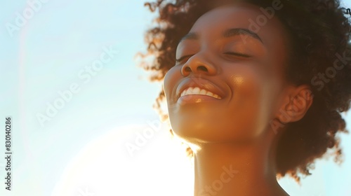 With eyes closed in bliss, a woman luxuriates in the warmth of the sun, her smile radiant as she embraces the moment, isolated on a clean white background photo