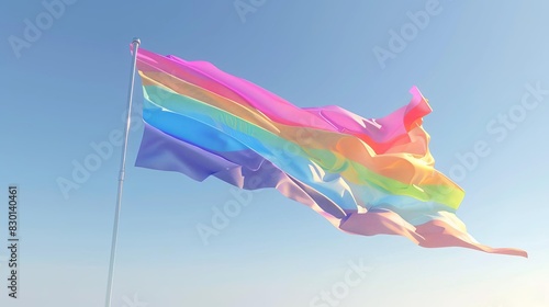 A vibrant LGBTQ  rainbow pride flag waving against a clear blue sky  symbolizing diversity  inclusion  and acceptance.