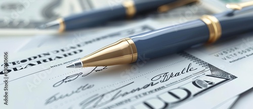 Close-up of elegant pens and signed bank checks, depicting financial transactions and business paperwork.