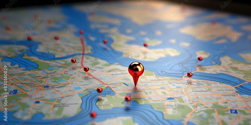 Digital map with pinpoint markers symbolizing location tracking and
