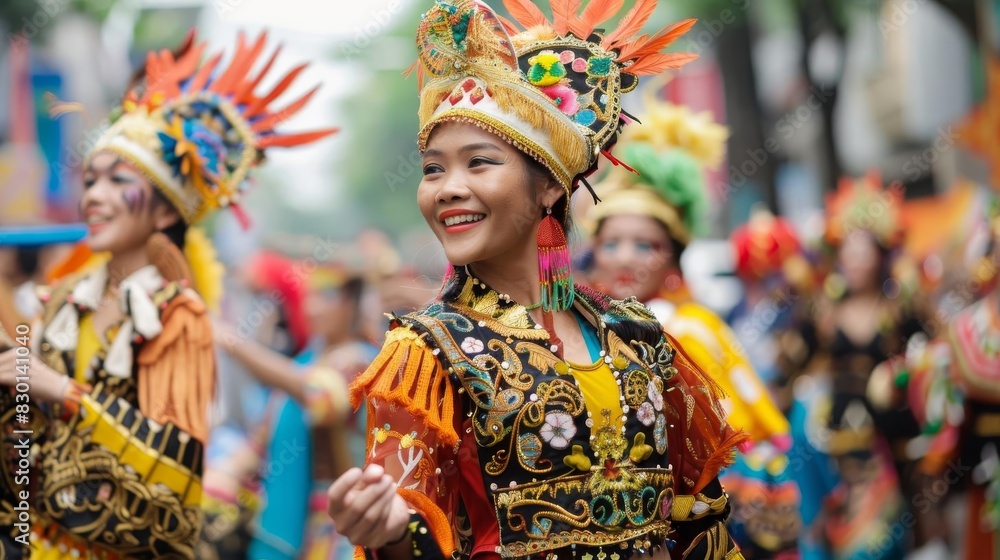 Colorful cultural parade with smiling dancers wearing traditional ornate costumes and headdresses in a vibrant street festival.