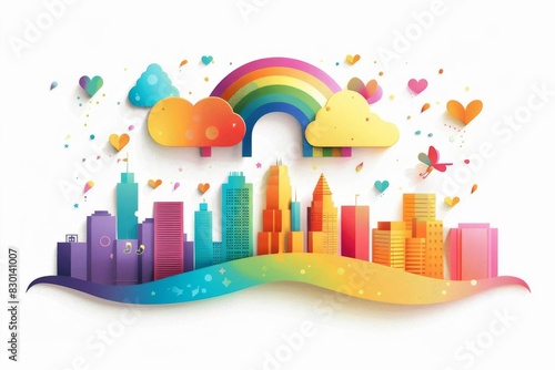 Colorful paper art cityscape with rainbow, clouds, and hearts. Vibrant urban skyline illustration with whimsical design elements.
