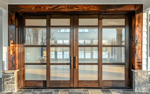 Double glass doors featuring a mix of clear and frosted panels  framed by polished wooden accents.