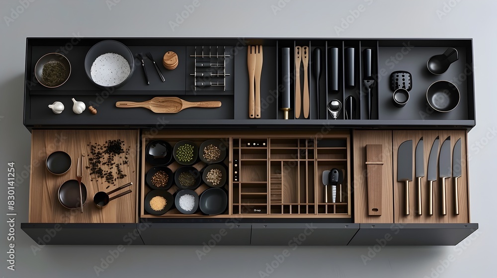 Fototapeta premium Meticulously Organized Drawers Showcasing Essentials in Minimalist Kitchen Setting