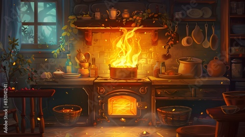Magical Dragon-Powered Hearth Fueling Rustic Kitchen Scene photo