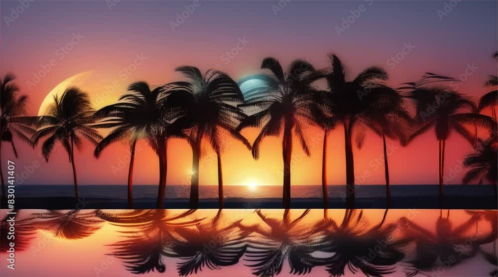 Scenic view of sunset over the ocean at a beautiful tropical beach with palms. Summer travel, vacation concept Scenic view of sunset over the ocean at a beautiful tropical beach with palms. Summer travel, vacation concept