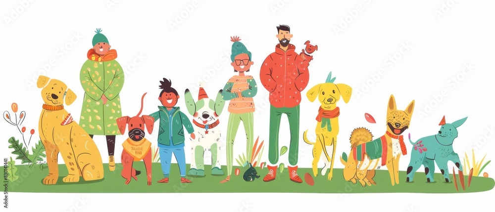Illustration of a group of people and dogs in winter clothing standing together on a grassy field. Illustration of a group of people and dogs in winter clothing standing together on a grassy field.
