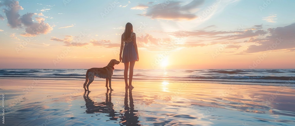 A person and their dog stand on a beach during a beautiful sunset, reflecting on the calm water.