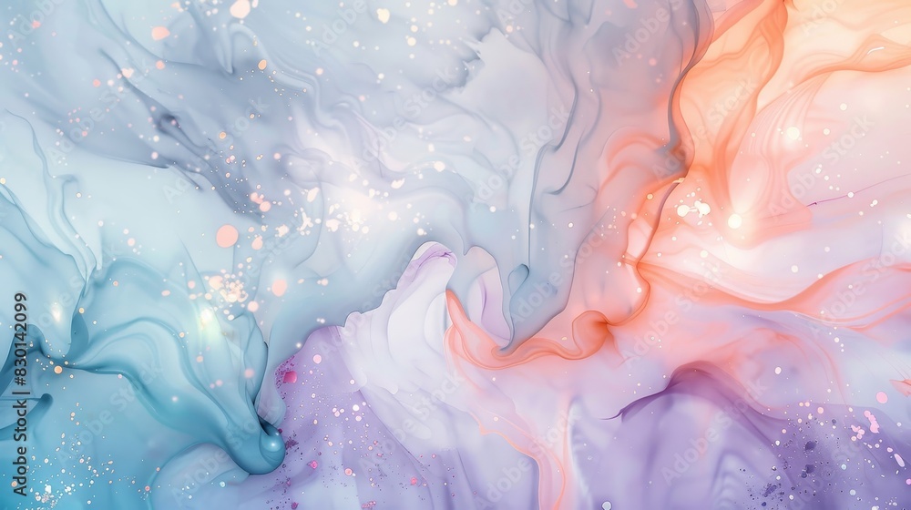 Fototapeta premium Vibrant abstract with pastel blues apricots lavender fluid patterns light glints wallpaper