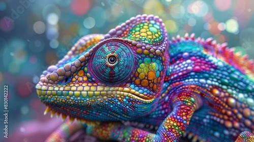 Close up of a brightly colored chameleon. Psychedelic and vibrant animal artwork. Beautiful multicolor scales. Generative AI.