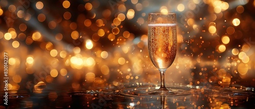 champagne glass with bokeh festive light background