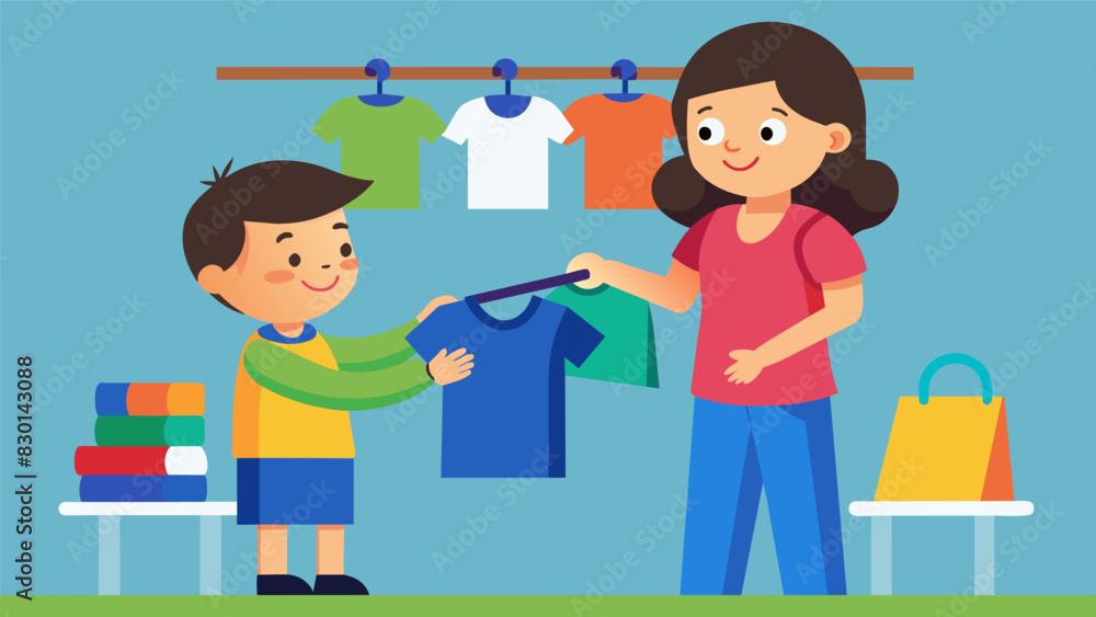 A mother and her son picking out colorful and comfortable clothes prioritizing practicality for the long school day ahead.. Vector illustration A mother and her son picking out colorful and comfortable clothes prioritizing practicality for the long school day ahead.. Vector illustration