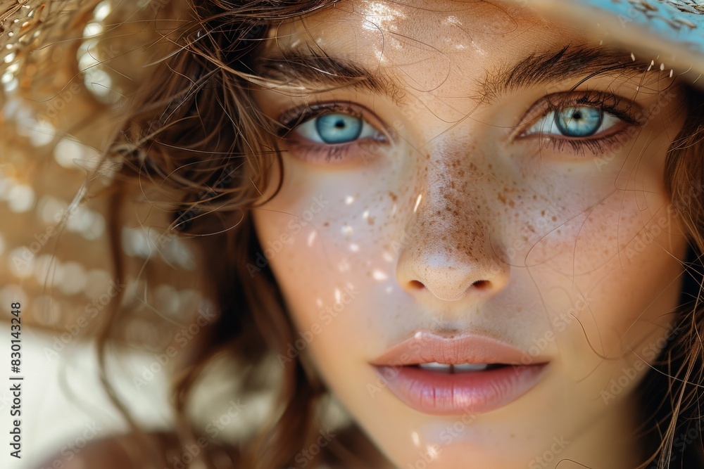 Close-up image of a young woman's face with freckles and sunlight filtering through a straw hat creating patterns Close-up image of a young woman's face with freckles and sunlight filtering through a straw hat creating patterns