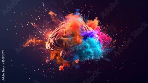 Colorful brain explosion representing cognitive overload, creativity, and mental health awareness.