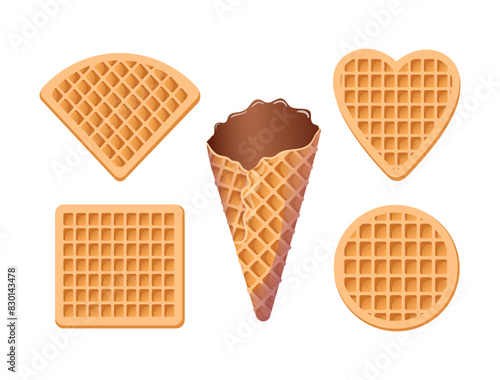 Set of Viennese waffles, chocolate cone. Delicious crispy soft sweets, realistic isolated vector food illustration. Square, circle, sector and heart. For menu, cafe, stickers, design elements.