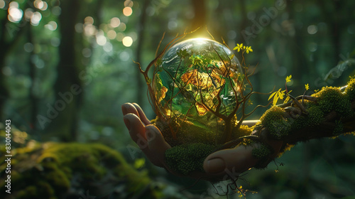 A moss and root hand holds a glowing green earth globe, set in a forest. Hyper-realistic and cinematic lighting enhance the dark green tones, evoking a fantasy feel.