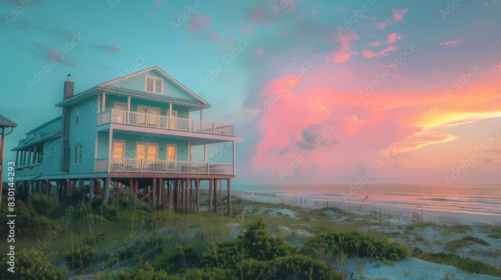 The beach house, painted in pastel colors, has a wraparound porch perfect for watching the sunset over the ocean The beach house, painted in pastel colors, has a wraparound porch perfect for watching the sunset over the ocean