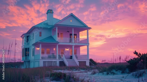 The beach house, painted in pastel colors, has a wraparound porch perfect for watching the sunset over the ocean