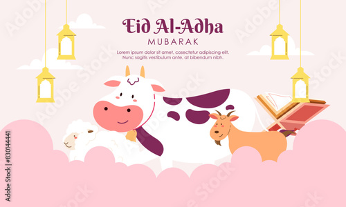 Happy Holy Eid Al Adha Mubarak Cute Banner Cartoon Doodle Illustration