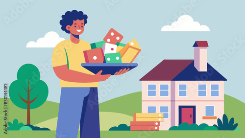 A resident brought out a stack of old board games inviting others to join in on a game swap and enjoy a fun afternoon with their neighbors.. Vector illustration
