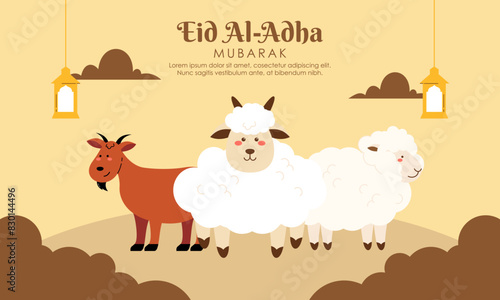 Happy Holy Eid Al Adha Mubarak Cute Banner Cartoon Doodle Illustration